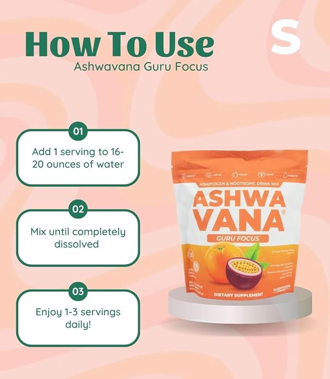 Ashwavana Ashwagandha & Vitamin D Drink Mix With L-Theanine, K2, Rhodiola, 100MG Time-Release Caffeine - Orange Passion Fruit Flavor. America's #1 Ashwa Drink