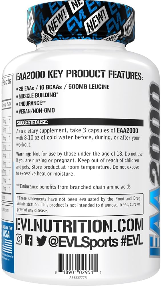 Evlution Nutrition EAA2000 - Pre & Post Workout Capsules - Muscle Building + Recovery Supplement - 2g Essential Amino Acids + 1g BCAAs - Endurance + Energy Support - 30 Servings