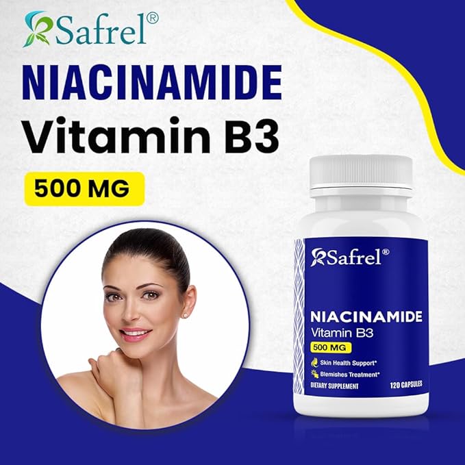 Safrel Niacinamide 500mg (Vitamin B3) - 120 Capsules - Skin Health & Blemish Support - Non-GMO, Gluten-Free - Flush-Free Formula - for Men and Women’s Health