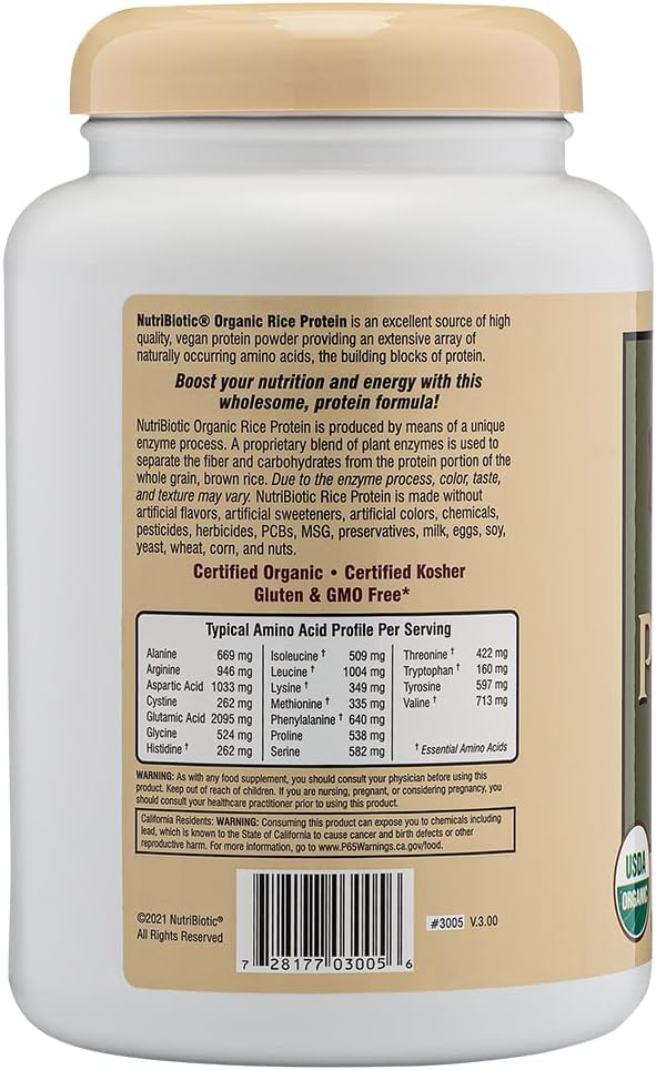 NutriBiotic Certified Organic Rice Protein Vanilla, 1 Lb. 5 Oz | Low Carbohydrate Vegan Protein Powder | Raw, Certified Kosher & Keto Friendly | Made Without Chemicals, GMOs & Gluten | Easy to Digest