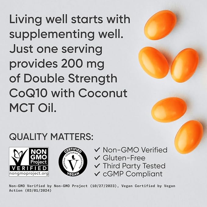 Sports Research CoQ10 200mg Capsules - Premium Coenzyme 10 Supplement with Coconut MCT Oil - Vegan Certified, Non-GMO Verified & Gluten Free - 90 Veggie Softgels