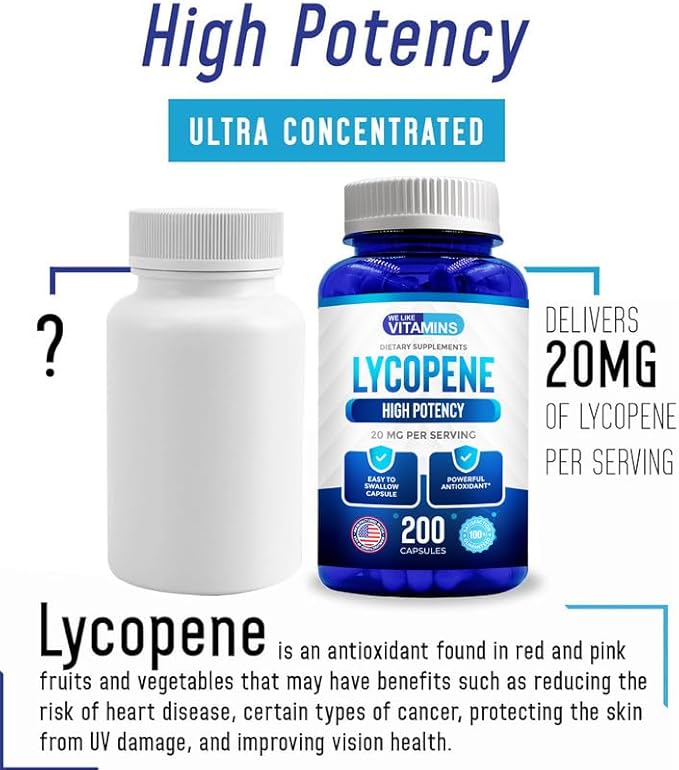 We Like Vitamins Lycopene Supplements for Men & Women - Lycopene 20mg Per Serving - 200 Capsules - Super Antioxidant which Helps Support Immune System and Prostate Health