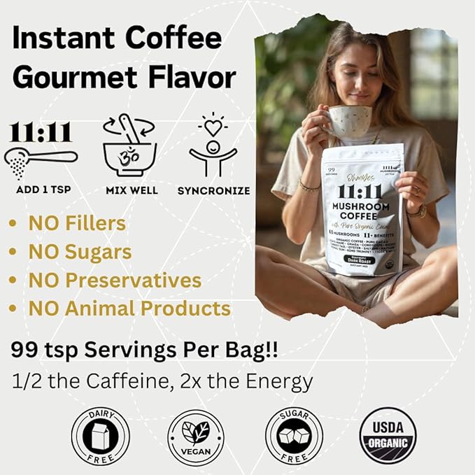 Organic Mushroom Coffee with Cacao – 11x Adaptogenic Mushrooms for Focus, Clarity & Energy – Lion’s Mane, Reishi, Chaga + Nootropic Superfood by OhmYes (7oz) - 99 Servings