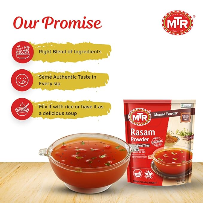 MTR Rasam Powder – Authentic Indian Blend of Coriander, Red Chili, Cumin, Fenugreek & Asafoetida – Mouth-Watering, Perfect for Rich, Flavorful Rasam – Pack of 6