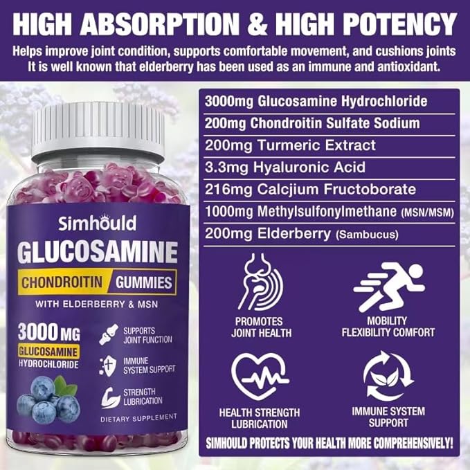 2 Packs Glucosamine Chondroitin Gummies - 3000MG Extra Strength Joint Support Supplement with MSM & Elderberry, Flexibility, Antioxidant Immune Support Gummy for Adults, Men & Women