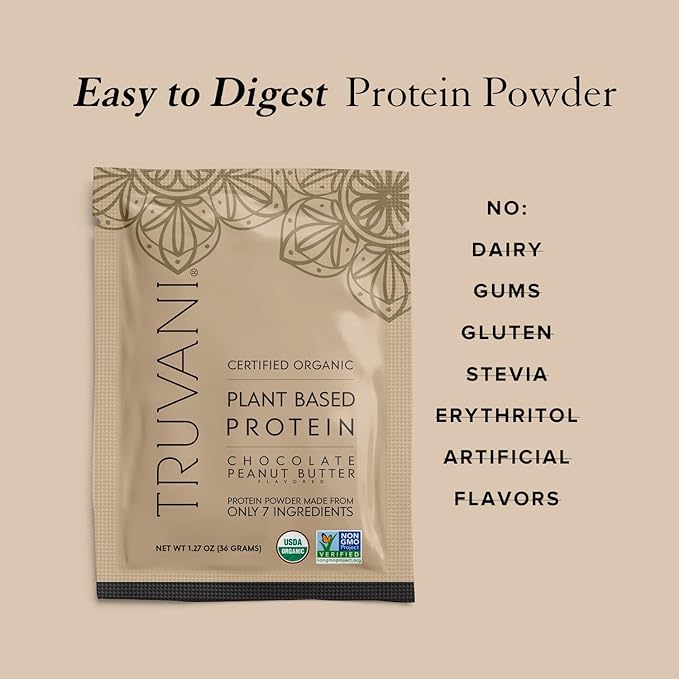 Truvani Vegan Pea Protein Powder | Chocolate Peanut Butter | 20g Organic Plant Based Protein | 1 Serving | Keto | Gluten & Dairy Free | Low Carb | No Added Sugar