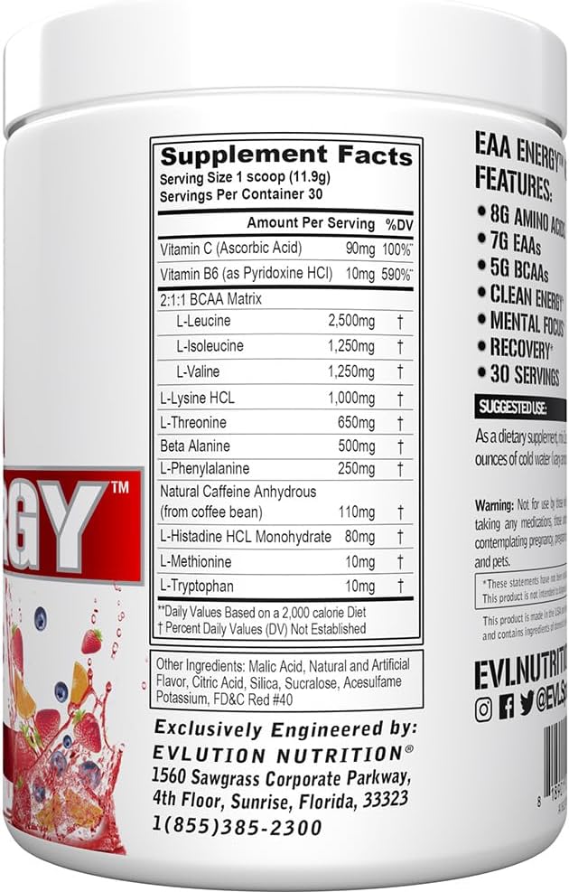 Evlution Nutrition EAA Energy - Pre & Post Workout Powder - Muscle Building & Recovery Supplement - 7g Essential Amino Acids + 5g BCAAs - Clean Energy - with Caffeine - 30 Servings - Fruit Punch