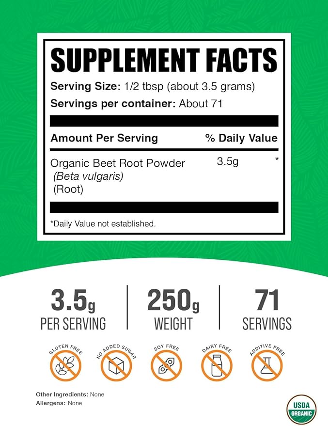 BulkSupplements.com Organic Beet Root Powder - Superfood Supplement, Beet Root Supplements - Vegan & Gluten Free, 3.5g per Serving, 250g (8.8 oz) (Pack of 1)