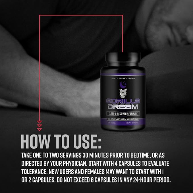 Gorilla Mind Dream Sleep Supplement (120 Capsules) - Nootropic Infused Comprehensive Sleep & Recovery Supplement - GABA, Melatonin, Valerian Root, Magnesium, L-Theanine, Sensoril, Ashwagandha & More