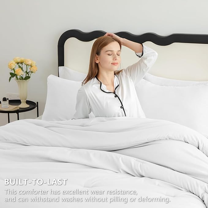 CozyLux White Comforter Set King Size, 3 Pieces Solid Breathable Quilted Boho Style Bedding Sets, Luxury Fluffy Soft Microfiber Comforter for All Season(1 Comforter & 2 Pillowcases)