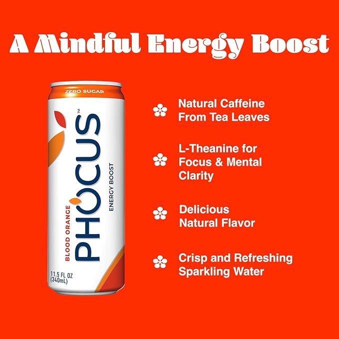 PHOCUS Energy Drink, Blood Orange Sparkling Water, 75mg Natural Caffeine Plus L-Theanine, Zero Sugar, Zero Calories, No Artificial Sweeteners, 11.5 fl oz Cans (Pack of 12)