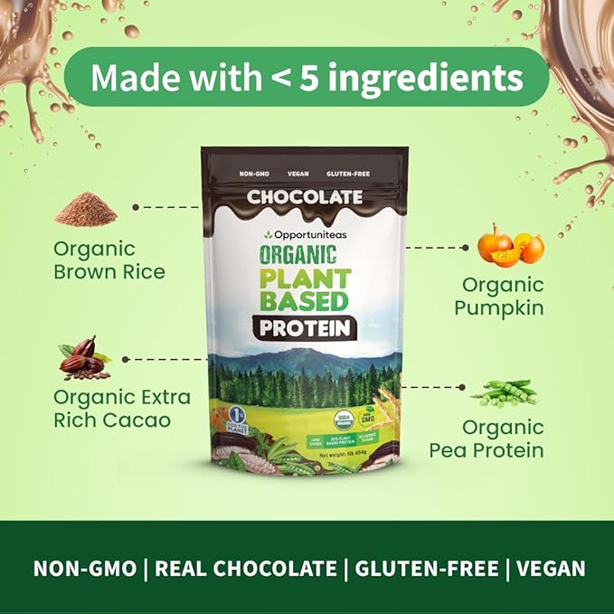 Opportuniteas Organic Plant Based Protein Powder, 20g Pea, Pumpkin, Rice Vegan Organic Protein Powder Without Sugar, Creamy Chocolate, 1 Lb