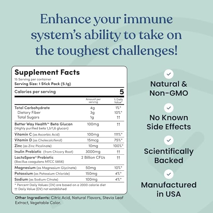 Immune Ready™ Immune Boost Drink Mix - All-in-One Immune Support, Gut Health, and Electrolyte Powder Packets with Vitamin C, Beta Glucan, Zinc, Elderberry, D3, Pre & Probiotics - Peach-Mango - 15 Pack