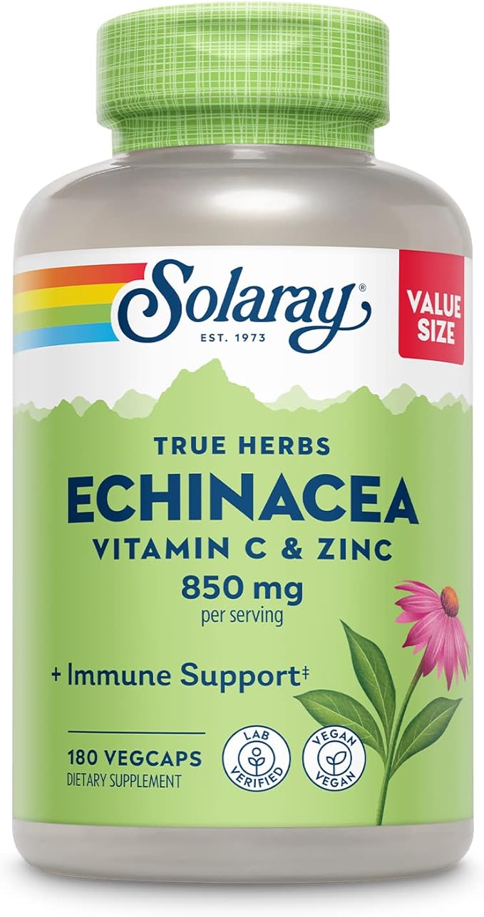 SOLARAY Echinacea Vitamin C & Zinc 850mg Plus Bioflavonoids, Echinacea Capsules for Healthy Immune Support, Vegan, Lab Verified, 60-Day Money-Back Guarantee, 90 Servings, 180 VegCaps