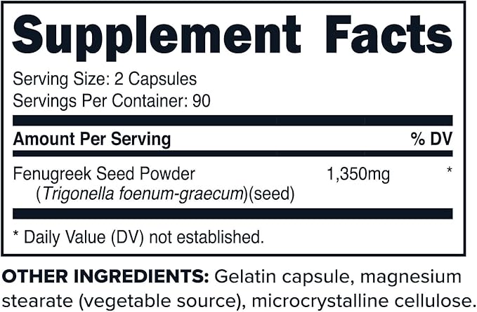 Primaforce Fenugreek Seed Capsules (180 Capsules / 1350mg Per Serving, 2 Capsule Servings) - Premium Herbal Supplement for Men and Women, Non-GMO, Gluten Free Supplement