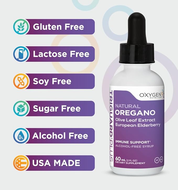 Triguard Plus Oil Of Oregano Leaf Extract, Olive Leaf Extract, Elderberry Extract Liquid Tincture Supplement 2 fl oz | Gut Health, Immune Support & Energy | Alcohol-Free | Organically Grown