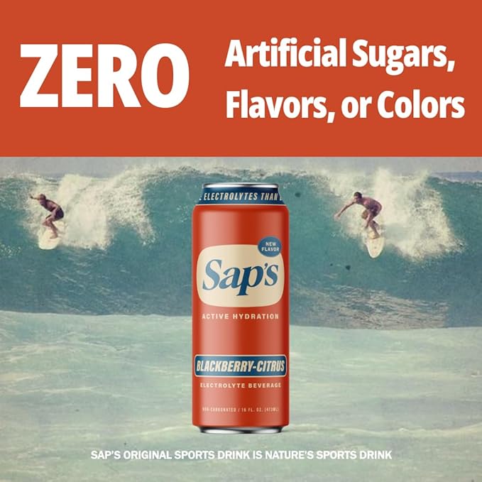 Sap’s Rapid Rehydration Sports Drink - 12 Cans, Blackberry-Citrus with Electrolytes and Adaptogens for Workouts, Wellness - ZERO Artificial Colors, Flavors, or Sugars