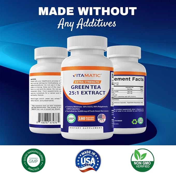 Vitamatic Green Tea Extract with Vitamin C, 25X Concentrate, 98% Polyphenols, 80% Catechins, 50% EGCG, 180 Veg Capsules