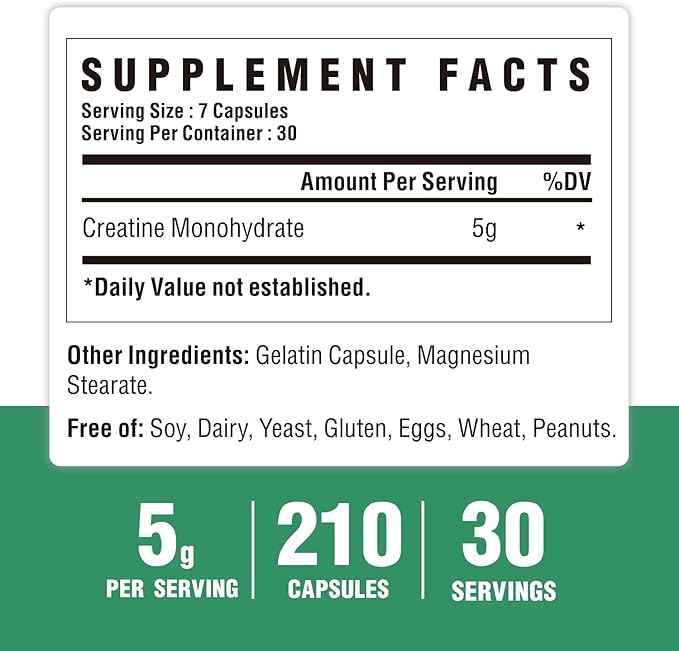 Creatine Monohydrate Capsules, Pure Creatine Pills Micronized for Enhanced Workout and Muscle Growth, Easy Absorption, Non-GMO, Unflavored - 210 Capsules