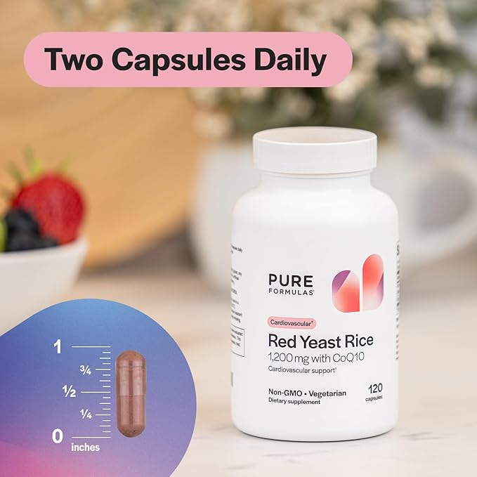 PureFormulas Red Yeast Rice with CoQ10 Supplement - Extra Strength Red Yeast Rice 1200 mg. Capsules, Cholesterol Support Coq10 100mg Cholesterol Supplements 120 Capsules (2 Months)