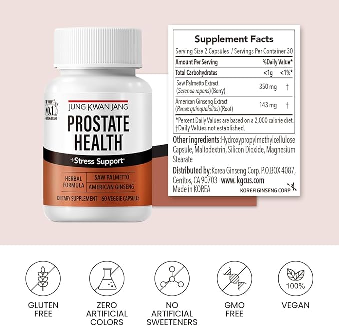 JungKwanJang Prostate Health with Saw Palmetto and American Ginseng for Prostate, Stamina, Hair Loss Support, dht Blocker, All-Natural Supplement for Men & Women