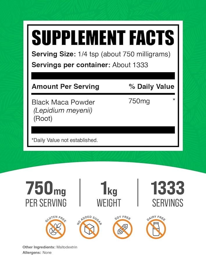 BulkSupplements.com Black Maca Powder - Maca Supplement, from Black Maca Root - Black Raw Maca, for Men & Women - Vegan, Gluten Free, 750mg per Serving, 1kg (2.2 lbs) (Pack of 1)