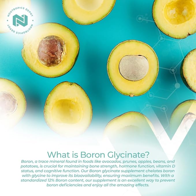 Nootropics Depot Boron Glycinate Capsules | 50mg | Delivering 6mg Elemental Boron | Testosterone, Inflammation, Immune, & Cognitive Support | 365 Count