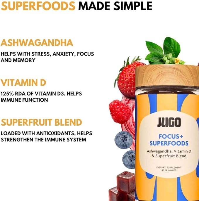JUGO Focus + Superfood Gummies | Vitamin D & Ashwagandha | 40 Count | Focus & Mental Clarity for Adults | Gelatin-Free, Gluten-Free, Plant-Based, Non-GMO