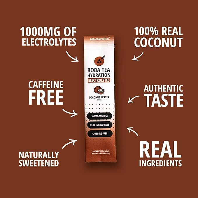 Boba Tea Hydration | Electrolyte Powder Drink Mix | Coconut Water | 1000mg Electrolytes, Vitamin C | 16 Stick Packets