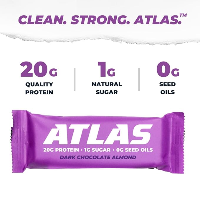 Atlas Protein Bar, 20g Protein, 1g Sugar, Clean Ingredients, Gluten Free (Dark Chocolate Almond, 12 Count (Pack of 1))