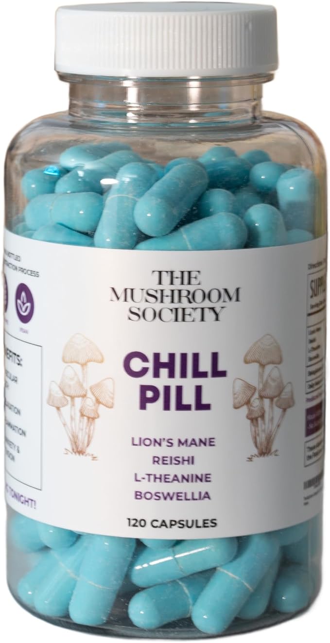 Chill Pill - Lion’s Mane, Reishi, L-Theanine & Boswellia Extract Blend - Mushrooms Supplement for Relax, Recover & Recharge - 120 Capsules