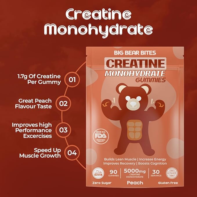 Creatine Monohydrate Gummies for Men & Women | 5000mg of Creatine Gummies per Serving | Sugar Free Gummies, Gluten Free & Halal | Pack of 90 Pre Workout Gummies for Muscle Recovery | Peach Flavor