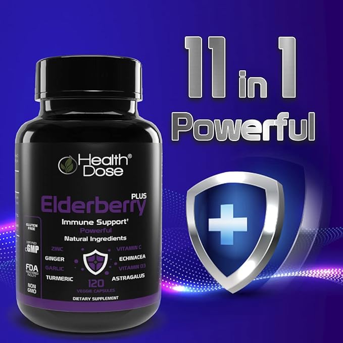 Elderberry Plus Capsules – Immune Support Supplement with Vitamins C, D3, Zinc, Selenium & 11 Ingredients for Year-Round Wellness – 120 Veggie Capsules, 2-Month Supply Pack of 2