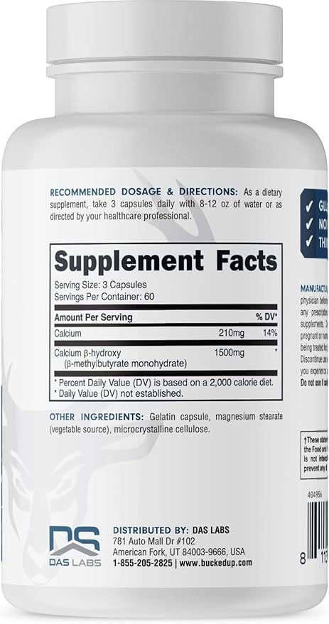 Bucked Up HMB (Beta-Hydroxy Beta-Methylbutyrate) 1500mg Per Serving, Essentials (60 Servings, 180 Capsules)