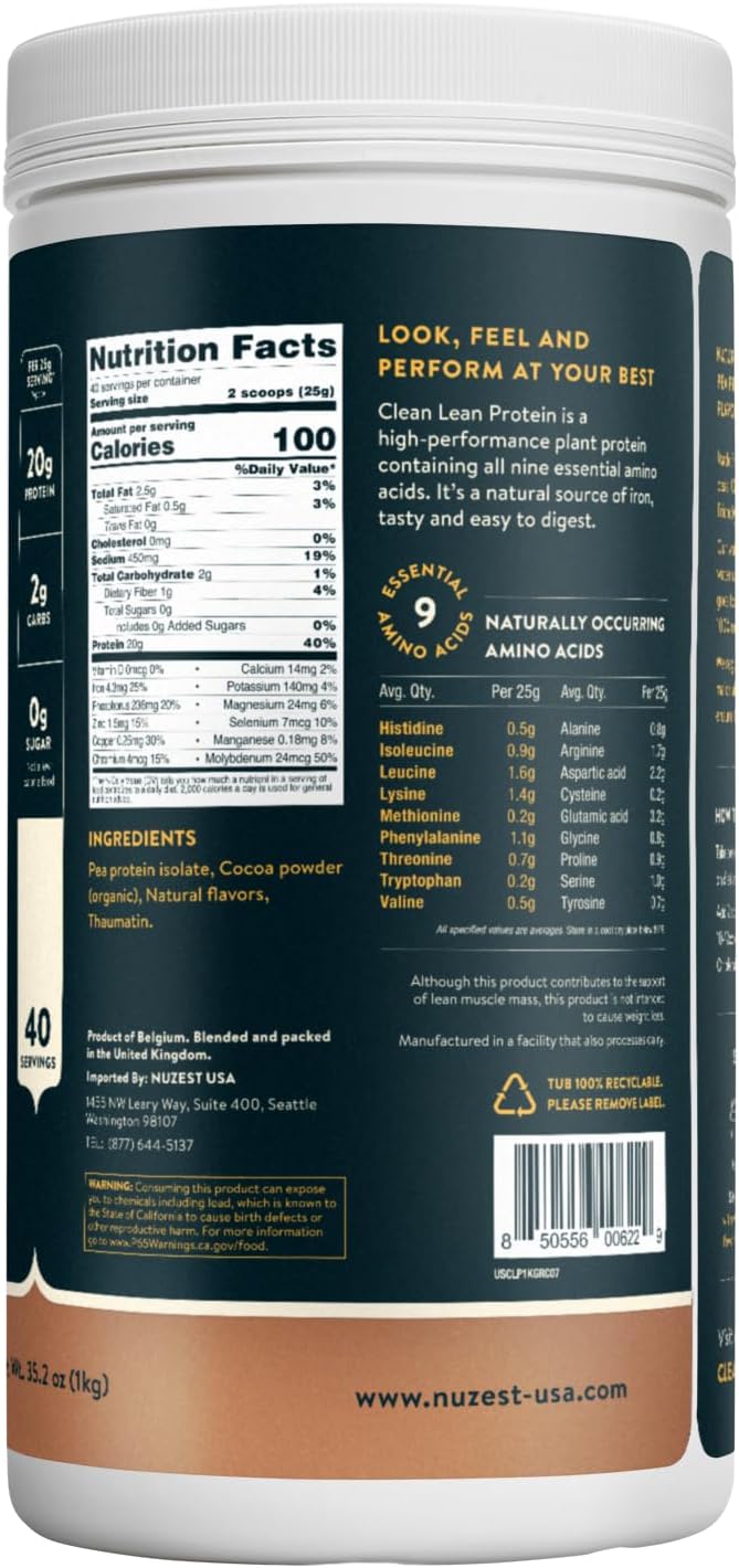 Nuzest - Pea Protein Powder - Clean Lean Protein, Premium Vegan Plant Based Protein Powder, Dairy Free, Gluten Free, GMO Free, Protein Shake, Rich Chocolate, 40 Servings, 2.2 lb