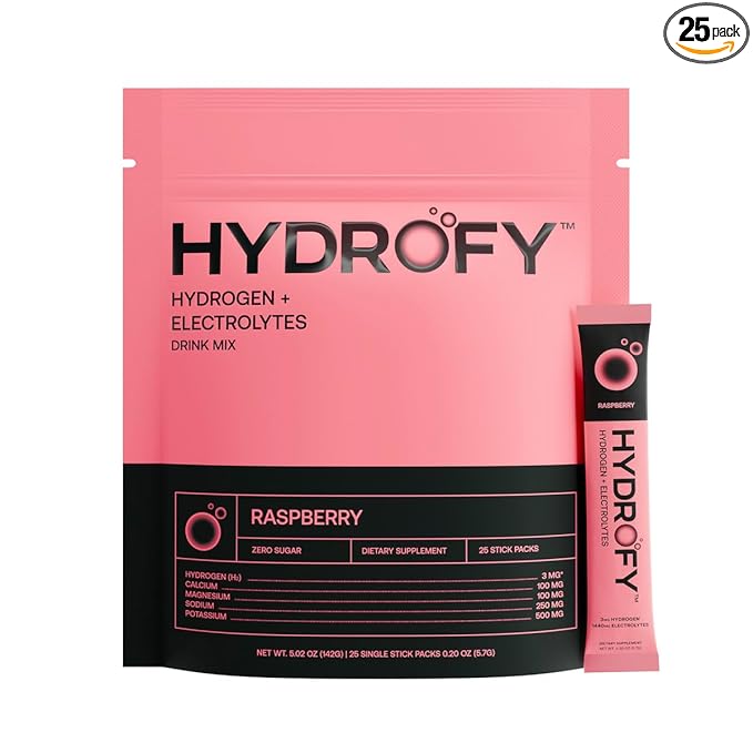 Hydrofy Hydrogen Water + Electrolytes Drink Mix | Superior Hydration Packets with Molecular Hydrogen (H2), Sodium, Potassium, Magnesium, Calcium, and Minerals | No Sugar | Raspberry 25 Ct