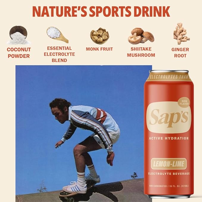 Sap’s Rapid Rehydration Sports Drink - 12 Cans, Lemon Lime with Electrolytes and Adaptogens for Workouts, Wellness - ZERO Artificial Colors, Flavors, or Sugars
