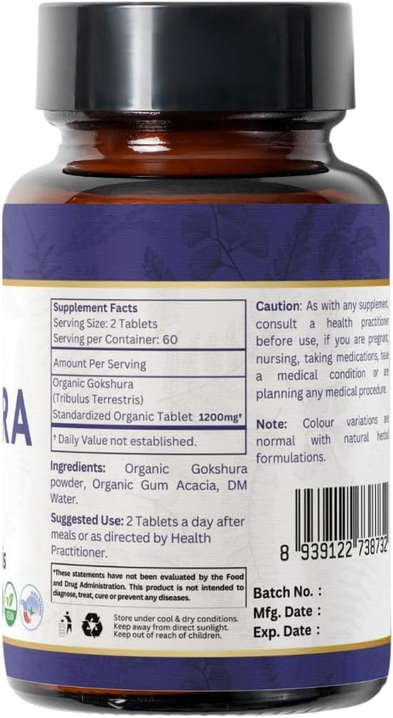 GOKSHURA 120 Tablets | Tribulus Terrestris (Gokshura) | USDA Organic Certified| Supports Immunity and Strength | Organic and Natural 120tab