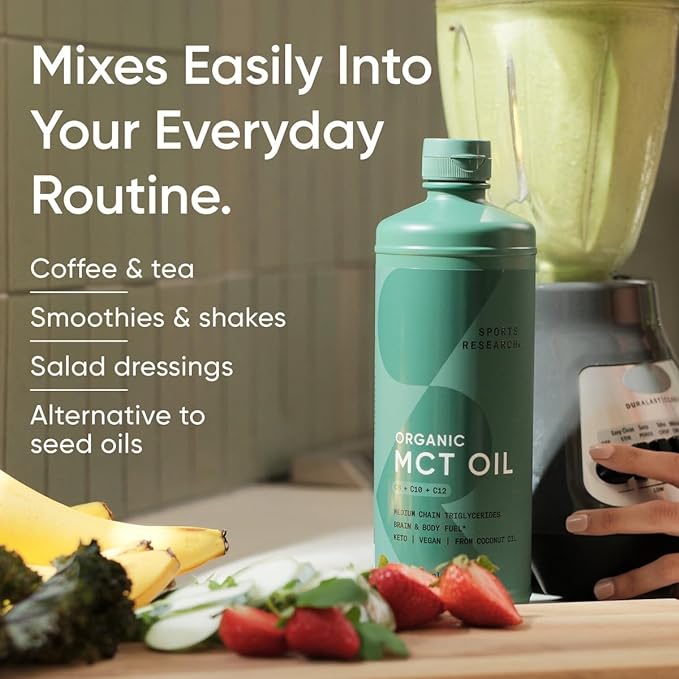 Sports Research Keto MCT Oil from Organic Coconuts - Fatty Acid Fuel for Body + Brain - Single Ingredient C8 Caprylic Acid - Perfect in Coffee, Tea, & More - Non-GMO & Vegan - Unflavored (16 Oz)