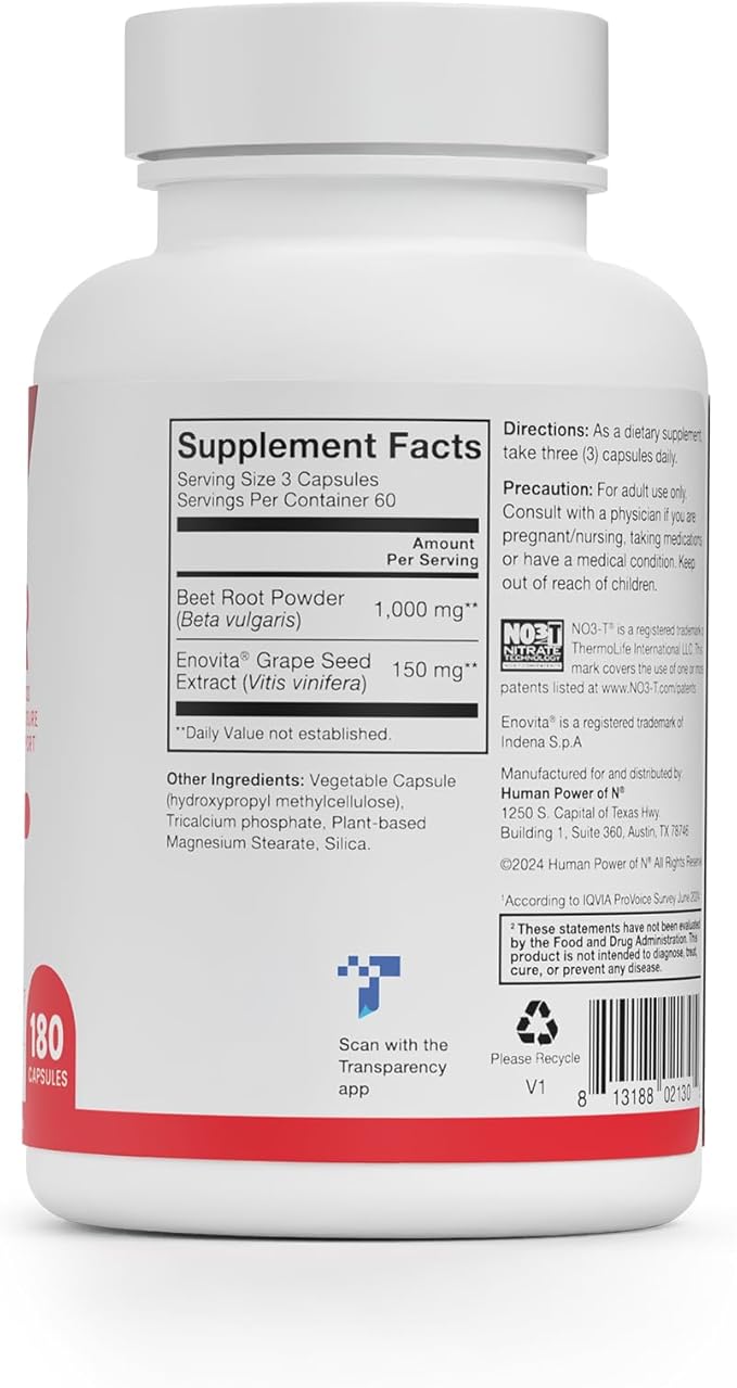 HumanN SuperBeets Beet Root Capsules Quick Release 1000mg, Helps Support Nitric Oxide Production, Blood Pressure, Heart Health, Contains Non-GMO Beetroot Powder, Studied Antioxidants 180 Count