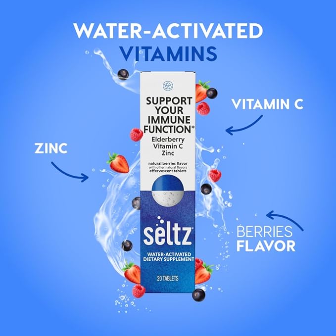Seltz® Water-Activated Vitamins - Support Your Immune Function - Vitamin C, Elderberry Extract, and Zinc – Natural Berries Flavor Dietary Supplement - 6 Packs x 20 Effervescent Tablets Each