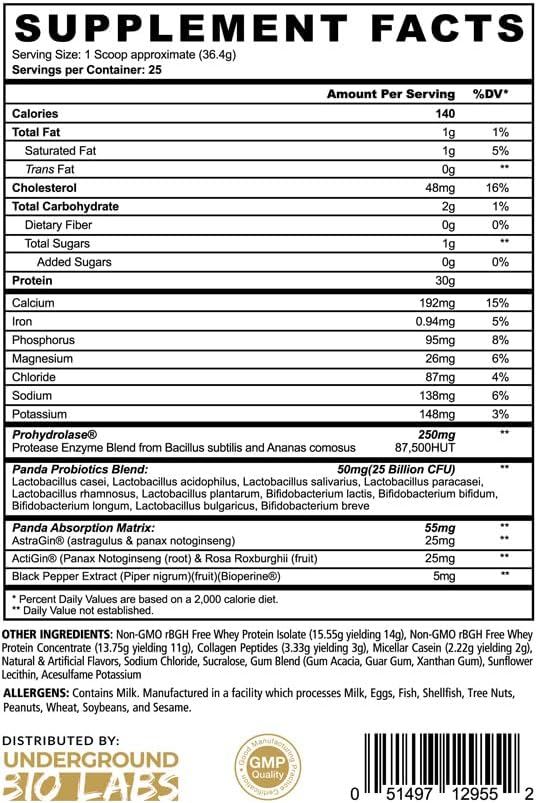 Panda Fuel Premium Protein Non-GMO Whey,Hydrolyzed Collagen,Casein,Probiotics,Digestive Enzymes, Keto Friendly,Time Release, 25 Servings (Cookies & Cream) (with inclusions)