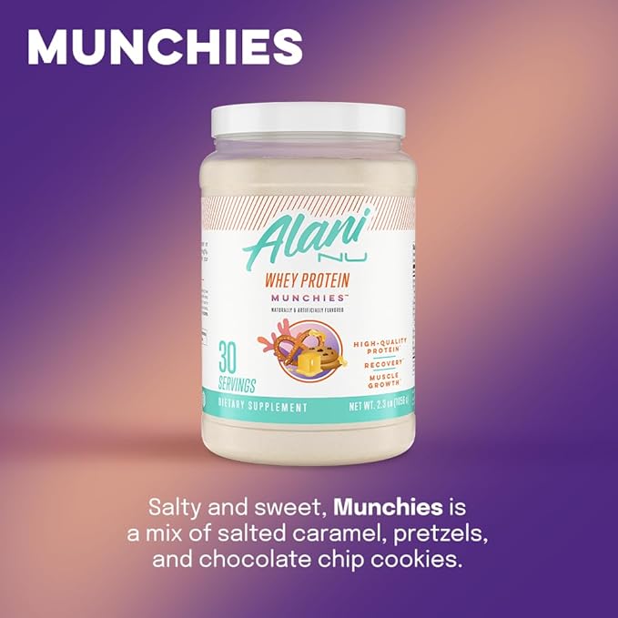 Alani Nu Whey Protein Powder Munchies | 23g Protein with Low Sugar & Digestive Enzymes | Meal Replacement Powder | Low Fat Low Carb Whey Isolate Protein Blend | Low Sugar |30 Servings