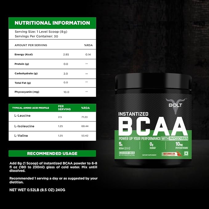Bolt BCAA Powder, 2:1:1 Potent Formula-Leucine, Isoleucine, Valline, Suppots Muscle Recovery, Growth & Endurance,Watermelon Fizz, 30 Servings