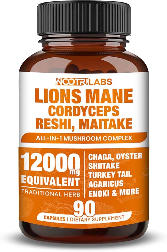 Mushroom Complex 12000mg Capsules - Lions Mane, Cordyceps, Reshi, Maitake - Nootropics Brain, Boosts Memory, Energy, Cognitive Function & Improves Focus, Immune System, Antioxidant - 90 Vegan Capsules