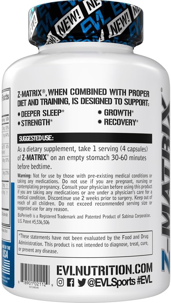 Evlution EVL Post Workout Recovery Bodybuilding Supplement - Magnesium and Zinc - ZMatrix Zinc Magnesium Aspartate Muscle Recovery Supplement for Sleep Support and Muscle Health
