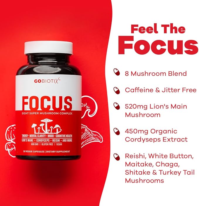 GOBIOTIX Focus Lions Mane Supplement - Mushroom Complex - Nootropics Adaptogen Vitamins - Memory, Clarity, Energy, Immune Support, Cordyceps, Reishi, Chaga, and Maitake - 90 Capsules