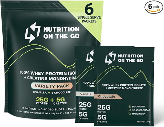 Variety Pack Whey Protein Powder with Creatine – 25g Protein, 5g Creatine – Single-Serve Packets for Travel, Gym, and On The Go – Easy Mix, Gluten-Free (6-Pack)