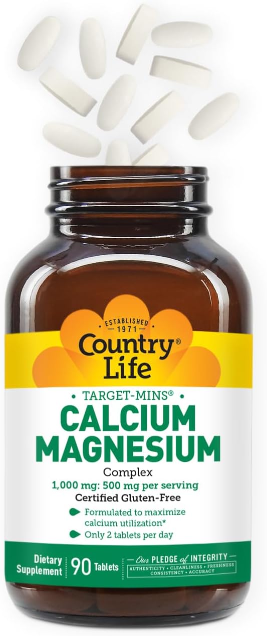 Country Life Target-Mins Calcium Magnesium Complex 1000mg/500mg, 90 Tablets, Certified Gluten Free, Certified Vegan, Certified Non-GMO Verified