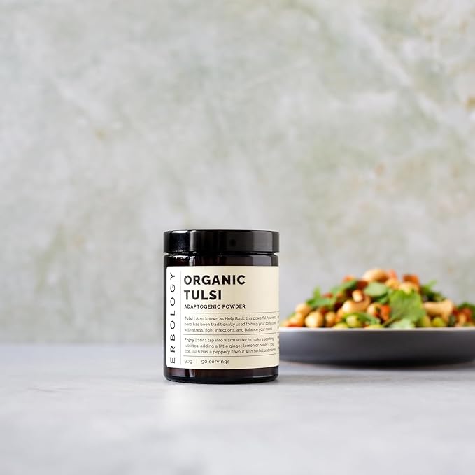 Erbology 100% Organic Tulsi Powder 6.4 oz - Holy Basil - Calm and Mood - Straight from Farm - Raw, Vegan and Gluten-Free - Non-GMO - No Additives or Preservatives - Recyclable Glass Jar